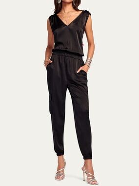 Ramy Brook Black Melissa Sleeveless Jumpsuit XL Jogger Cargo Chic Elastic Waist